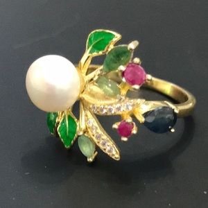 Real Pearl, Sapphire, Emerald & Ruby Ring Size 7.5